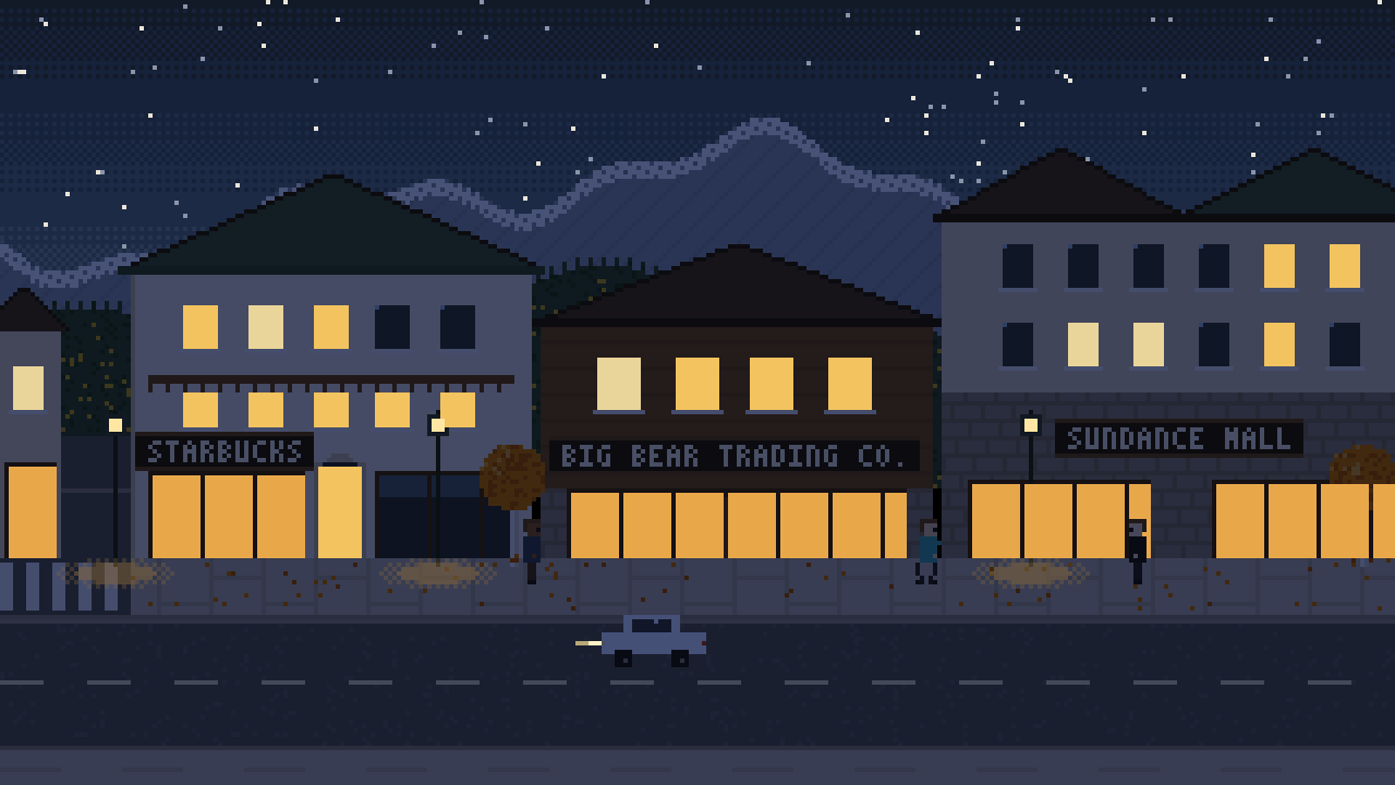 Pixel art of a festive Banff evening in the Rockies