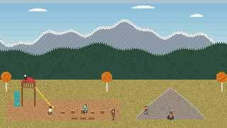 Pixel art of Central Park playground with a slide tower, stumps and a climbable rock mountain