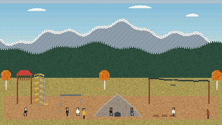 Pixel art of kids playing on a Banff playground below snow-capped mountains