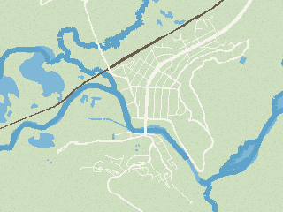 Pixel map of the Town of Banff showing the Bow River, main streets and playground locations