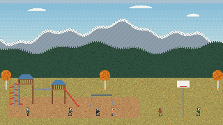 Pixel art of the Banff Elementary School playground with towers, slides, swings and a basketball hoop