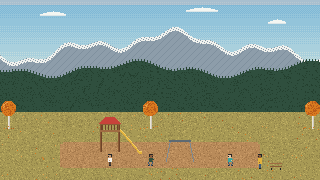 Pixel art of a small neighbourhood playground with a slide tower and swings
