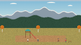 Pixel art of a small neighbourhood playground with a slide tower