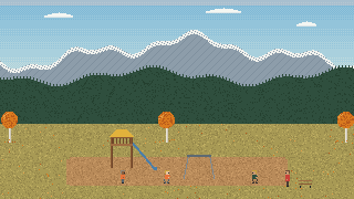 Pixel art of a small neighbourhood playground with a slide tower and swings