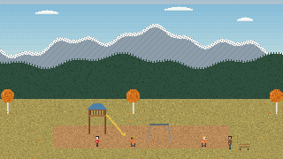 Pixel art of a small neighbourhood playground with a slide tower and swings