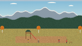 Pixel art of a small neighbourhood playground with a slide tower