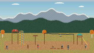 Pixel art of the Sundance Park nature playground with a spiral slide, tree tower and zipline